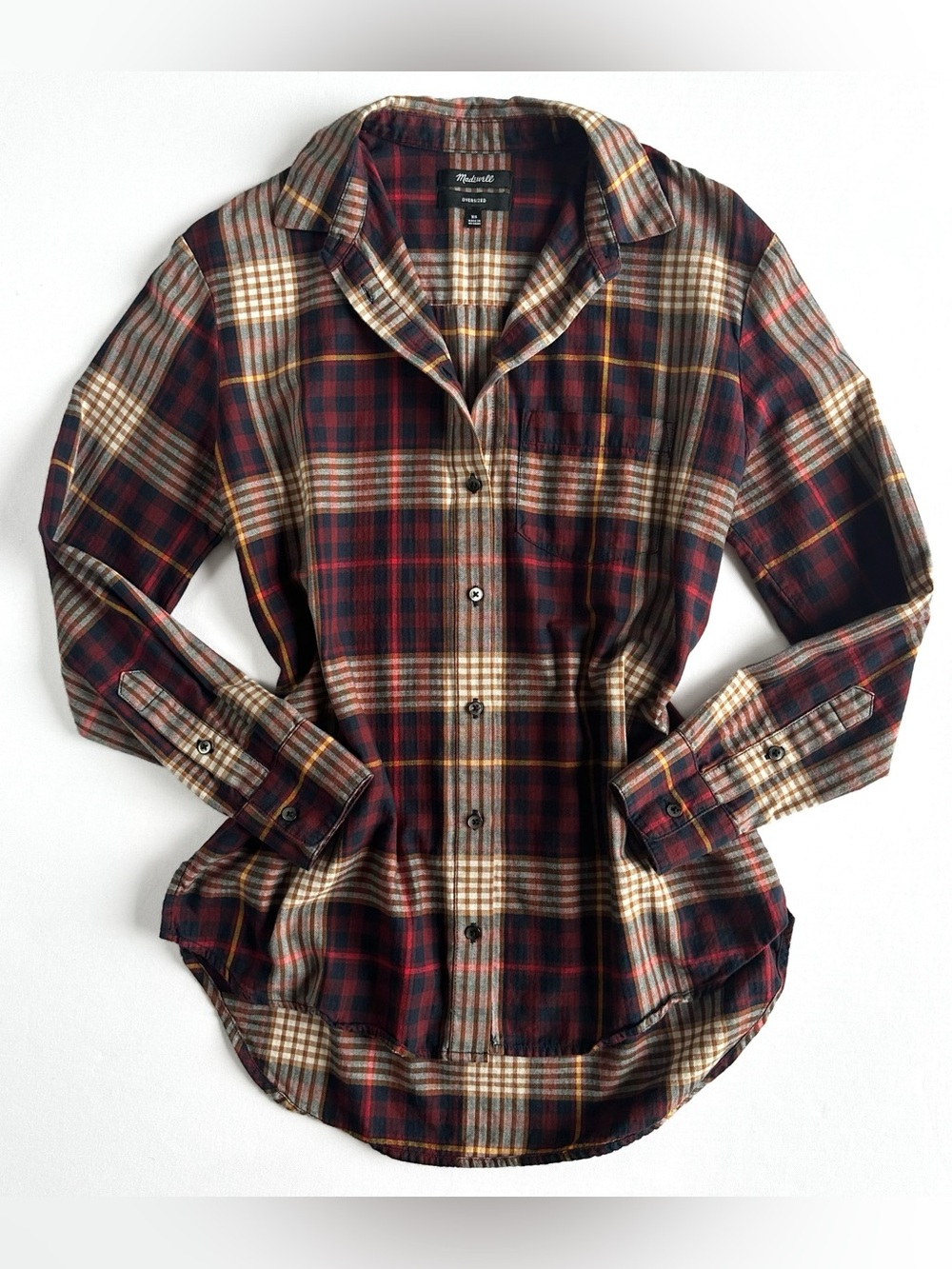 Madewell Oversized Boyfriend Flannel Burgundy Plaid Button Shirt 100% Cotton